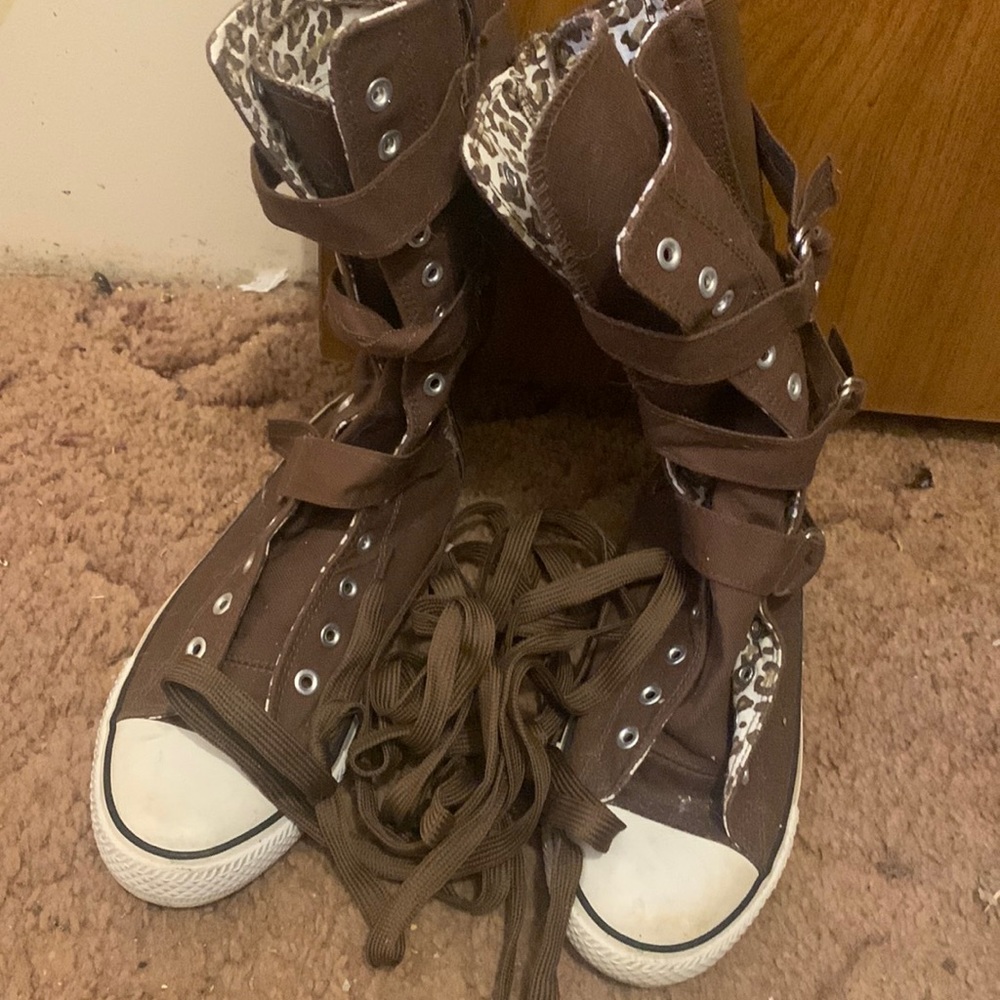 calf high brown shoes